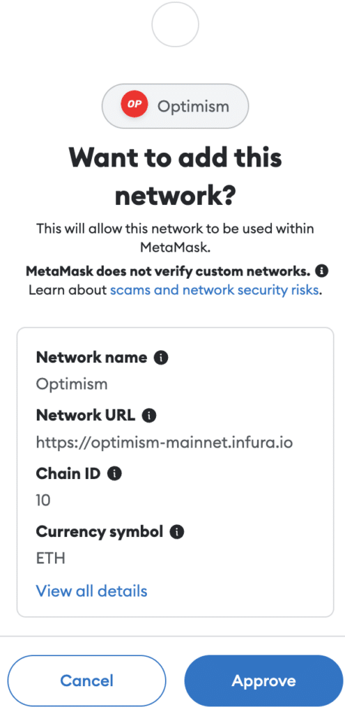 add optimism to metamask with metamask approve network